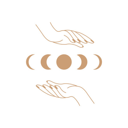 Female hand hold moon in different phases, mystic astrology. Hand drawn magic vintage sign, esoteric cult fairy card design. Abstract zodiac symbols, vector isolated illustrationのイラスト素材