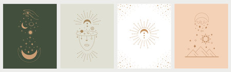Mystic astrology set. Hand drawn magic vintage signs collection, esoteric cult fairy card design. Wall art or posters, vector isolated line elements, moon and stars, abstract zodiac symbolsのイラスト素材