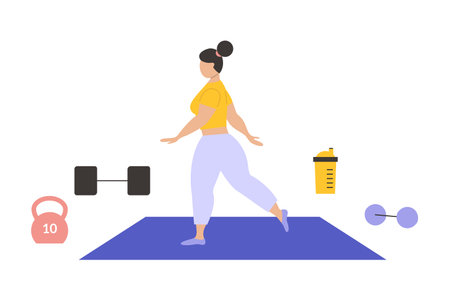 Fitness woman. Female character in gym training, dumbbells and barbell, girl athlete in sportswear doing exercises on mat. Home workout and yoga, healthy lifestyle concept, vector illustrationのイラスト素材