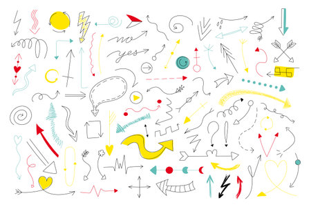 Doodle arrows. Abstract line pointers. Way direction and cycle signs. Curve dotted cursor. Black or color symbols. Navigation symbols. Spiral or zigzag. Vector pencil sketch icons setのイラスト素材