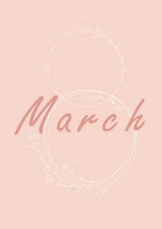 March card. White doodle floral frame on pink background, 8 form postcard with congratulation text. Spring hand drawn elements, summer flowers and branches with leaves vector illustrationのイラスト素材