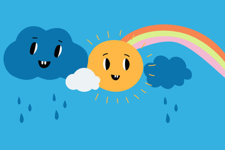 Sun and clouds with funny smiling faces. Rainy weather. Cloudy blue sky. Sunshine and rainbow. Summer storm. Meteorology forecast. Rainfall with sunlight. Vector cute day cloudscapeのイラスト素材