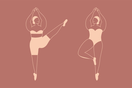 Dancing women. Elegant ballerinas posing, doodle ladies, ballet dancers, girls in pointes standing and doing gymnastic exercises. Beige colors female figures. Vector isolated positionsのイラスト素材