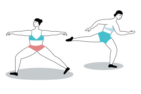 Women poses. Dancing girls in sport suits, elegant ballerinas posing, yoga training or gymnastic exercises, doodle female characters, choreographic or fitness positions, vector setのイラスト素材