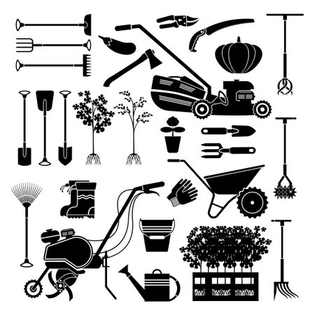 Garden items. Household agriculture equipment collection. Sprinkler and rake. Flowerpot with seedlings and grass. Hoe and wheelbarrow. Lawn mower. Vector gardening tools silhouette setのイラスト素材