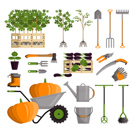 Agriculture tools. Garden equipment for farming work. Instruments for plants grow. Farm harvest. Seedlings and wheelbarrow. Shovel and watering cans. Vector gardening illustration setのイラスト素材