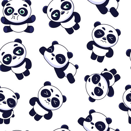 Panda pattern. Seamless background with cute baby bear. Fun animal face and funny graphic teddy kids. Cartoon print with mammal characters emotion expressions. Vector illustration drawingのイラスト素材
