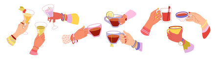 Female hands hold beverages. People hand cheers alcoholic drinks, cocktails and tea. Friend celebrate with drink in glass cups and mugs, festive holiday morning. Vector cartoon flat setのイラスト素材