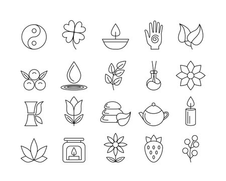Yoga icons. Spiritual symbols of Zen and harmony life. Buddha hand and Yin Yang. Relaxing spa aromatherapy. Health care. Botanical line signs. Calm and balance. Vector outline logo setのイラスト素材