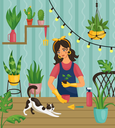 Woman in plant garden. Female takes care of houseplants. Ficuses in pots on table or shelves. Crazy lady planter growing flowers at home. Greenhouse interior. Trendy vector illustrationのイラスト素材