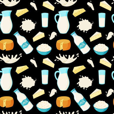 Milk products pattern. Seamless print with dairy food and drinks. Liquid splashes and drops. Sour cream. Cheese pieces. Curd jars. Yogurt bottles or jugs. Healthy meal. Vector backgroundのイラスト素材