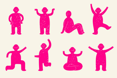 Abstract characters. Pictogram figures of adult persons. Exercising or walking in cute poses. Different human community. Running or meditating people. Body silhouette icons. Vector symbolsのイラスト素材