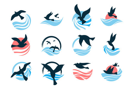 Wave ocean logo. Icon set sea and ocean water elements with birds silhouettes, river round emblem or circle badge, marine collection, symbol of drop, splash and gull vector illustrationのイラスト素材