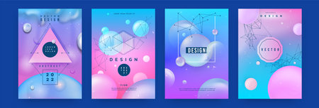 Abstract modern posters. Memphis 3d shapes with hipster fluid forms. Hologram colors futuristic creative banner, book cover, glitch frame. Contemporary minimal backdrop. Vector brand designのイラスト素材