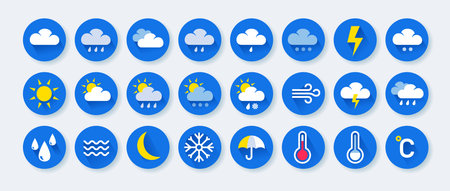 Weather icons. Meteorology forecast round signs. Precipitation and temperature prognosis. Sunny day with bright sunshine. Cloudy sky. Summer rain and winter snow. Vector symbols setのイラスト素材