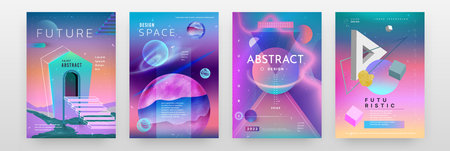 Abstract gradient posters. Concept banner with fancy galaxy and technology. Cosmos backdrop. Hologram colors futuristic creative contemporary minimal backdrop. Vector planetary flight cardsのイラスト素材