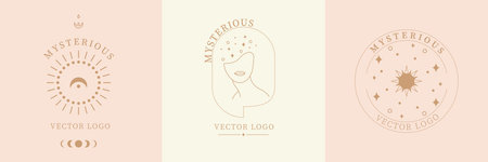 Mystic astrology set. Hand drawn magic vintage sign, esoteric cult fairy design. Woman line face with moon sun and stars, space objects. Minimal female cards. Vector abstract zodiac symbolsのイラスト素材