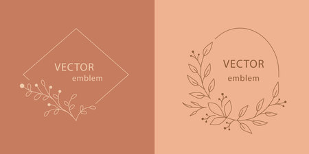 Leaf monogram set. Hand drawn ornamental frame with leaves and berries, modern floral art emblem. Minimal outline card design. Vector illustration for organic products, spa and beautyのイラスト素材