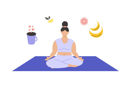 Yoga woman. Female character meditation sitting on mat, tea and healthy food above, active girl in sport uniform, home or gym training, minimal style vector cartoon flat isolated illustrationのイラスト素材