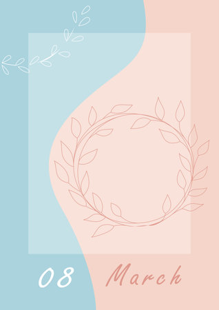 March postcard. Minimal card for spring holidays, pastel pink and blue colors, doodle botanical circles, hand drawn floral background, elegant poster or banner, vector isolated illustrationのイラスト素材