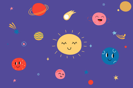Cute planets set. Celestial objects with funny smiling faces, sun stars and comets, childish outer space background. Colorful astronomical objects at night sky, vector cartoon isolated setのイラスト素材