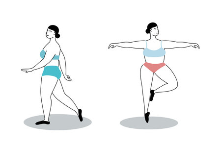 Dancing women. Female characters in active poses, athletic elegant lady in sport uniform dancing, doodle characters healthy lifestyle, girls performance, vector fitness or ballet positionsのイラスト素材