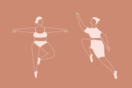 Women poses. Doodle female characters beige colors, girls in active poses, athletic elegant ladies in sport uniform dancing and jumping, fitness or ballet positions, vector setのイラスト素材