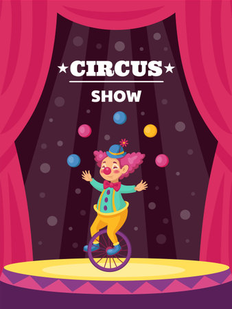 Clown poster. Carnival show with magician. Happy amusement. Jester juggling on stage. Buffoon on unicycle. Traditional fairground. Performance announcement. Vector cirque invitationのイラスト素材
