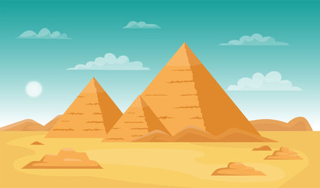 Egypt desert with pyramids. Africa landscape background. Egyptian town Giza. Ancient history tomb. Sand scenery. Architecture landmark. Old buildings. Vector cartoon scenic panorama conceptのイラスト素材