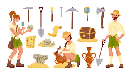 Ancient paleontology. Archaeological excavation. Archaeologists searching antiquities. Tomb with treasure. Fossil artifact for discovery history. Work tools. Vector illustration setのイラスト素材