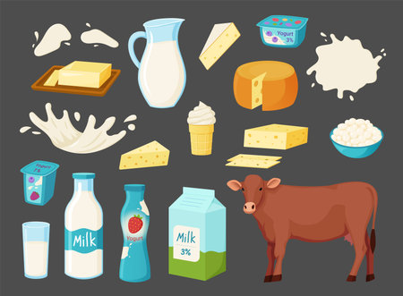 Milk and cow. Food products and farm animal. Sour cream. Butter or cheese. Curd bowl. Yogurt bottle. Fermented dairy. Meal with lactose. Calcium drink splashes. Vector diet nutrition setのイラスト素材