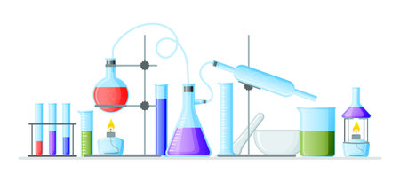 Chemistry lab. Science and physics reaction with laboratory supplies. Vials and test tubes. Cylinder beakers. Burner and pipette. Chemical scientific experiments. Vector illustrationのイラスト素材
