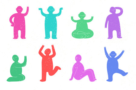 Abstract person figures. Colorful strange doodle characters, trendy pictogram round creatures. Running sitting and meditating happy people. Isolated silhouettes. Vector cartoon illustrationのイラスト素材