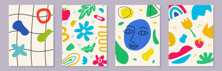 Abstract shape pattern set. Modern square background collection, cute flowers, memphis leaf, contemporary collage elements. Trendy vectical minimalistic posters. Vector geometry illustrationのイラスト素材