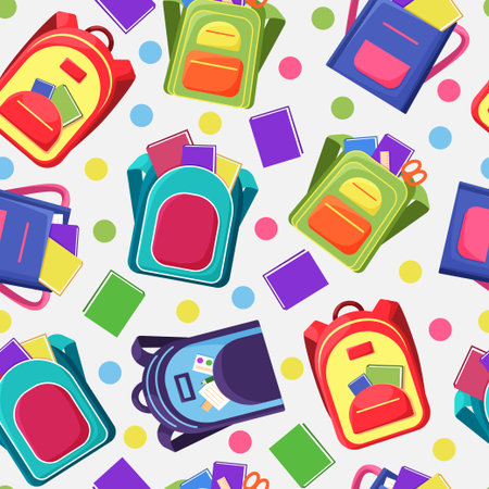 Backpack seamless pattern. School bags with student stuff. Cartoon repeated print. Colorful rucksacks and textbooks. Background with pupils satchels. Vector pencil or pen in kids knapsackのイラスト素材