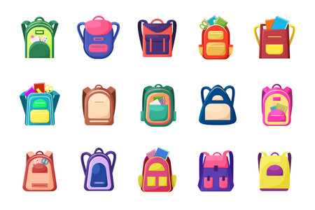 School knapsack. Full schoolbags for children and students. Studying bags. Colorful backpacks front view. Cartoon backpacks with stationery accessories and textbooks. Vector satchels setのイラスト素材