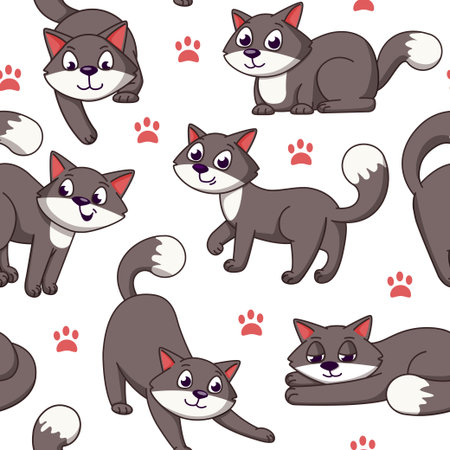 Cat seamless pattern. Cartoon style kittens on repeat print. Funny pets poses and actions. Feline paw footprints. Playful kitty. Domestic animal. Fluffy mammal. Vector trendy art backgroundのイラスト素材