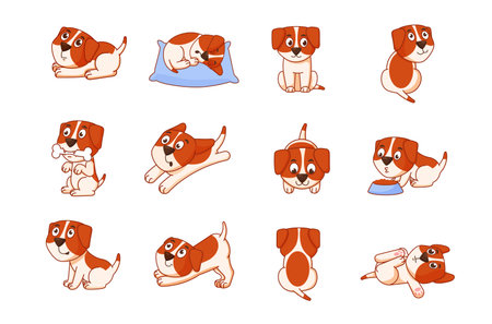 Cartoon dog. Happy pets poses and actions. Funny puppy with emotion expressions collection. Beagle sleeping and running. Domestic mammal with bone or feeder. Vector animal sketches setのイラスト素材