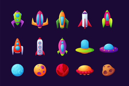 Spaceships and planets. Galaxy and cosmos alien technology elements. Shuttles and flying saucers. Cosmic meteorites. Astronaut vehicles. Spacecraft types. Vector rocket fantasy icon setのイラスト素材