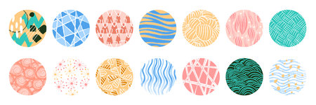 Abstract circles. Old discs with texture of hand drawn doodles. Line ornaments. Scrapbook patterned shapes. Paint brush strokes. Social media icons collection. Vector round figures setのイラスト素材