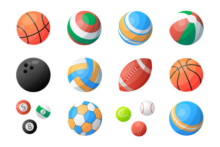 Sport balls. Different handball icons of basketball, baseball or volleyball. Cricket activity. Football, golf and soccer equipment. Athletic playing spheres. Vector illustration setのイラスト素材