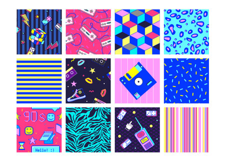90s geometric pattern. Cool fashion neon pop art seamless textures set, 80s retro hipster comic background. Abstract colorful 1990s backdrop. Vector decor vintage textile, wrapping paperのイラスト素材