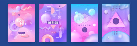 Abstract pastel backgrounds. Pattern with soft gradient. Beauty color posters. Holographic geometric shapes. Outline figures and text. Delicate pearl banner. Vector design labels setのイラスト素材