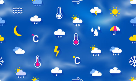 Weather pattern. Summer or winter, spring and autumn background with sun, sunshine, clouds with rain and snow, lightning and wind icons, doodle texture. Vector seamless print designのイラスト素材