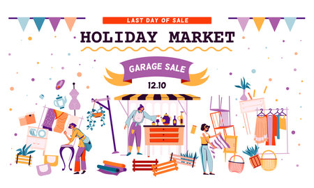 Holiday market. Bazaar sale retro banner with old furniture. Second Hand store. Selling clothes and antique accessories. Weekend shopping fair. Vector garage discount trading frame posterのイラスト素材