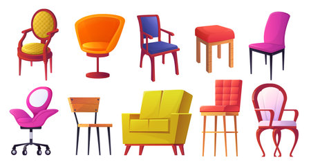 Chair furniture. Front and side view of office and home seats. Colorful modern and vintage armchairs, empty contemporary workspace. Comfort interior objects. Vector cartoon setのイラスト素材