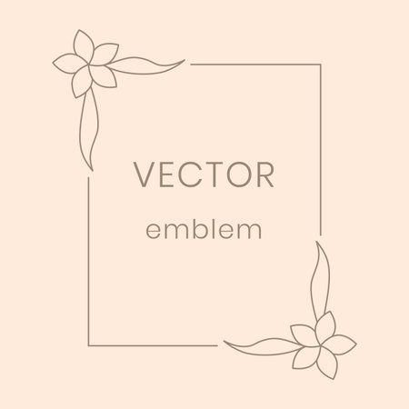 Flower frame. Line botanical emblem with copy space, outline ornamental leaves and flowers with square border, minimal card design, leaf monogram, vector elegant illustrationのイラスト素材