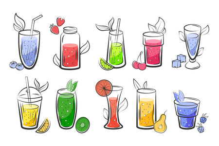 Detox juice sketch. Fresh cocktail drinks with vegan ingredients. Healthy menu of cold beverages and vitamin recipes. Fruit and berry lemonade. Soda glasses set. Vector design backgroundのイラスト素材