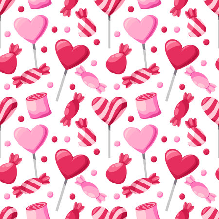 Candy background. Sweet cute seamless pattern for birthday dessert, gummy pink tasty paper. Decor textile, wrapping paper, confectionery shop wallpaper. Vector isolated graphic designのイラスト素材