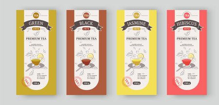 Label tea branding. Drink packaging stickers design. Food background banner for modern product with organic leaves and flowers. Hot beverage cup silhouette. Vector package tags patternのイラスト素材